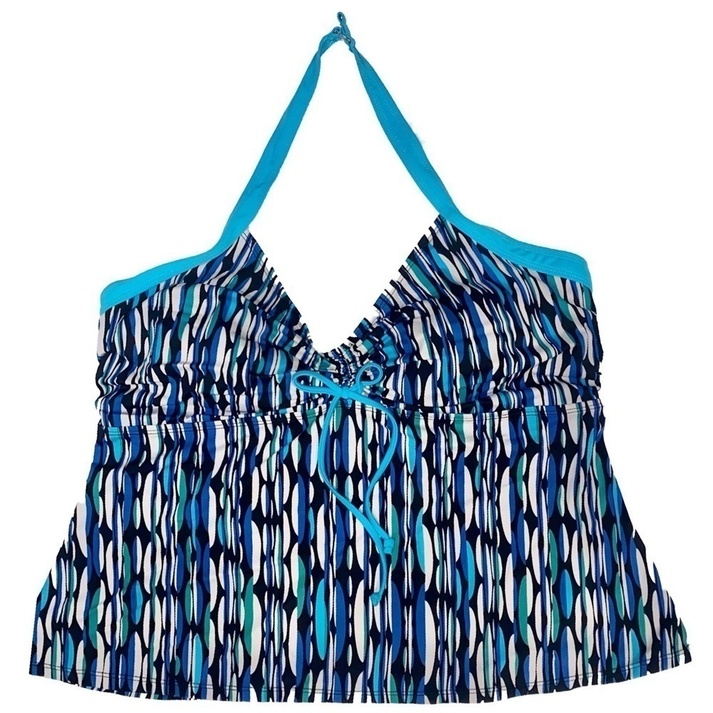Tropical Escape Halter Top Tankini Black, Blue and White Stripes Plus Size 20
